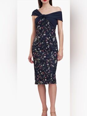 JS Collections Navy Floral Off-Shoulder Pencil Skirt